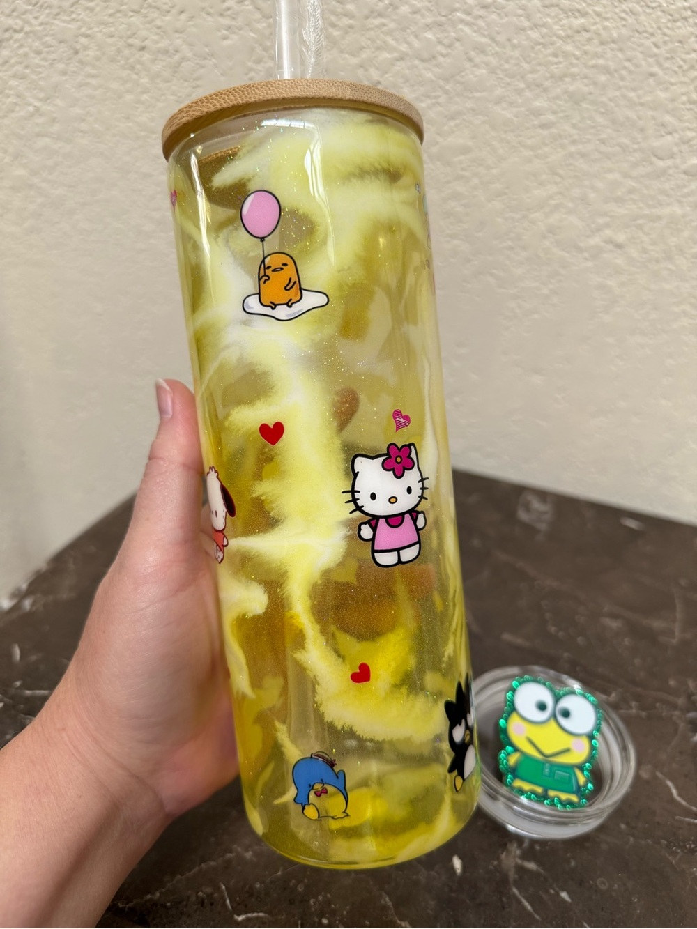 Sanrio Characters 20 oz Skinny Glass Glow Cup with Extra Lid Handmade